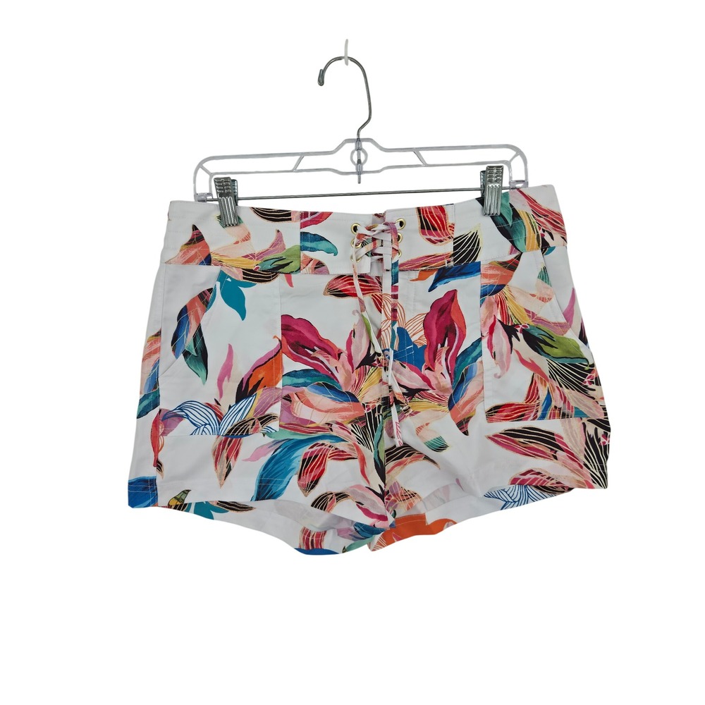 La Blanca Women Tropical Floral Lace Up Board Shorts White Pink Orange Medium